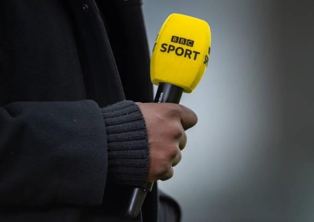 Sport microphone held by a commentator before the Barclays FA Women's Super League match between Manchester United Women and Manchester City Women at...