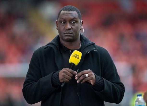 Sport television pundit Emile Heskey before the Barclays FA Women's Super League match between Manchester United Women and Manchester City Women at...