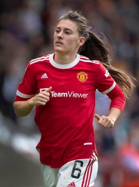 Hannah Blundell of Manchester United in action during the Barclays FA Women's Super League match between Manchester United Women and Manchester City...