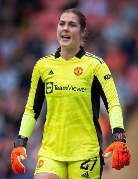Manchester United goalkeeper Mary Earps during the Barclays FA Women's Super League match between Manchester United Women and Manchester City Women...