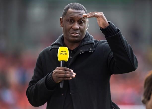 Sport television pundit Emile Heskey before the Barclays FA Women's Super League match between Manchester United Women and Manchester City Women at...
