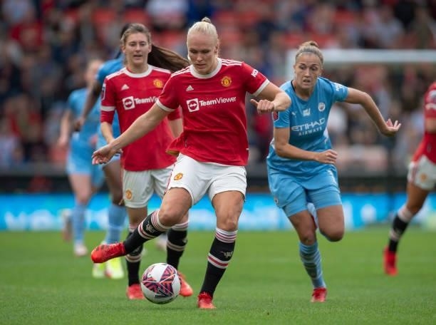 Maria Thorisdottir of Manchester United and Filippa Angeldahl of Manchester City in action during the Barclays FA Women's Super League match between...