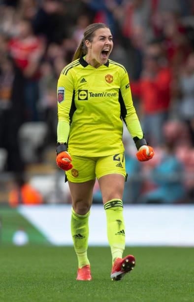 Manchester United goalkeeper Mary Earps celebrates a goal during the Barclays FA Women's Super League match between Manchester United Women and...