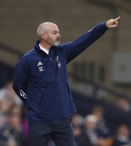 Scotland manager Steve Clark gestures during the 2022 FIFA World Cup Qualifier match between Scotland and Israel at Hampden Park on October 09, 2021...