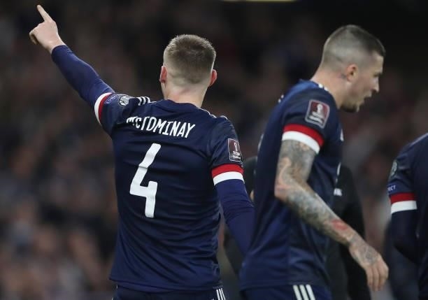 Scott McTominay celebrates after scoring during the 2022 FIFA World Cup Qualifier match between Scotland and Israel at Hampden Park on October 09,...