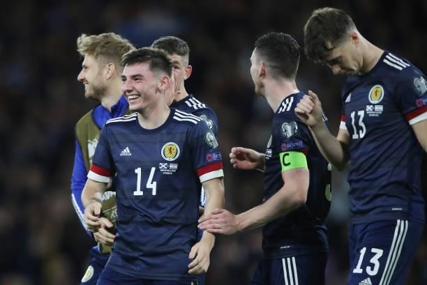 Billy Gilmour of Scotland celebrates at full time during the 2022 FIFA World Cup Qualifier match between Scotland and Israel at Hampden Park on...