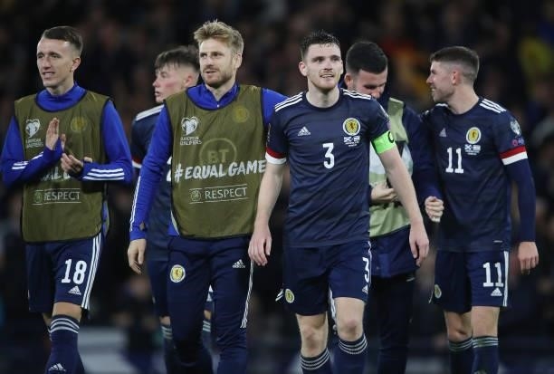 Andy Roberston of Scotland is seen at full time during the 2022 FIFA World Cup Qualifier match between Scotland and Israel at Hampden Park on October...