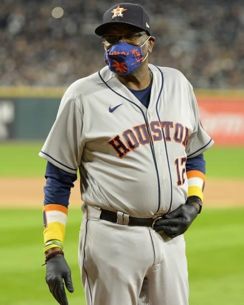 Manger Dusty Baker Jr. #12 of the Houston Astros is introduced prior to Game Three of the American League Division Series against the Chicago White...
