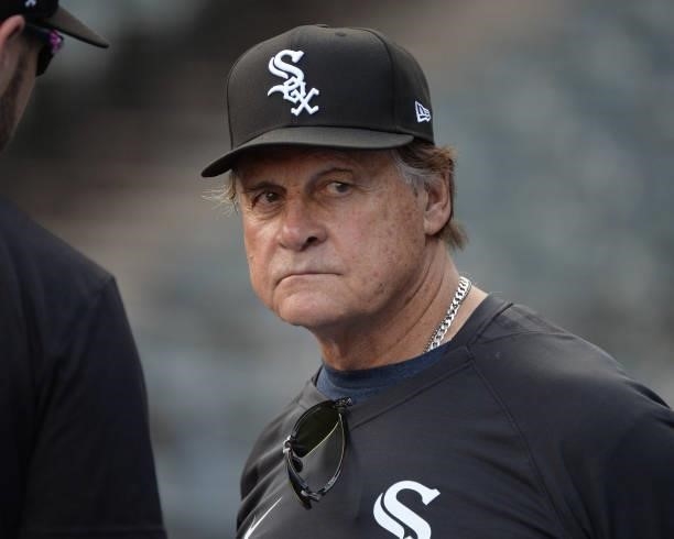 Manager Tony La Russa of the Chicago White Sox looks on prior to Game Three of the American League Division Series against the Houston Astros on...