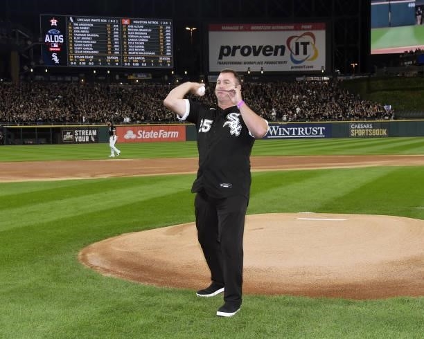 Hall of Fame and former Chicago White Sox star Jim Thome throws a ceremonial first pitch prior to Game Three of the American League Division Series...