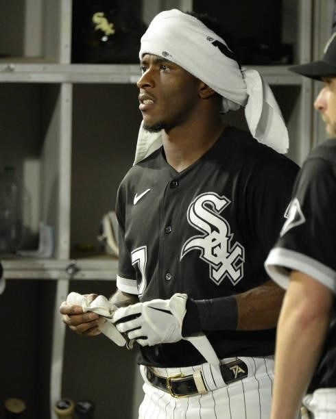 Tim Anderson of the Chicago White Sox reacts during Game Three of the American League Division Series against the Houston Astros on October 10, 2021...