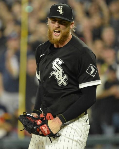 Michael Kopech of the Chicago White Sox reacts after recording the third out of the fourth inning during Game Three of the American League Division...