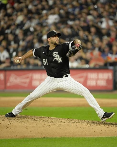 Ryan Tepera of the Chicago White Sox pitches during Game Three of the American League Division Series against the Houston Astros on October 10, 2021...