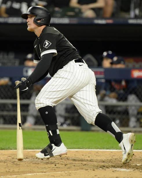 Andrew Vaughn of the Chicago White Sox hits a double in the eighth inning during Game Three of the American League Division Series against the...