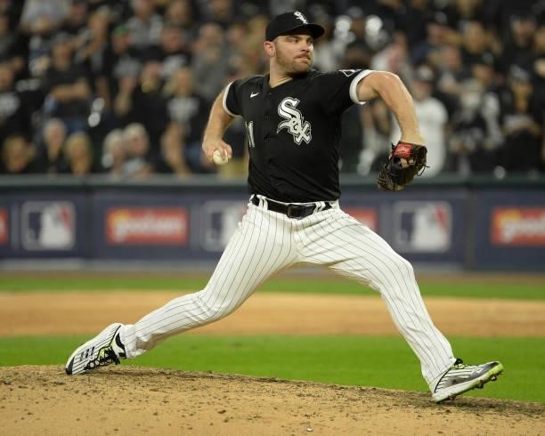 Liam Hendriks of the Chicago White Sox pitches in the ninth inning during Game Three of the American League Division Series against the Houston...