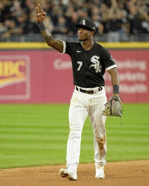 Tim Anderson of the Chicago White Sox reacts during Game Three of the American League Division Series against the Houston Astros on October 10, 2021...