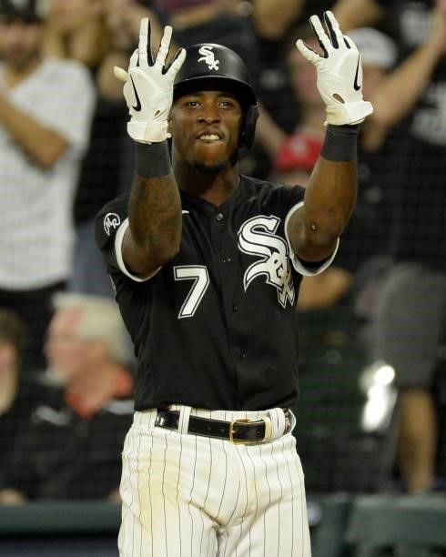 Tim Anderson of the Chicago White Sox reacts after recording his third hit of the game during Game Three of the American League Division Series...
