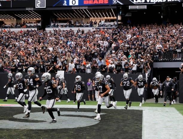 The Las Vegas Raiders take the field for a game against the Chicago Bears at Allegiant Stadium on October 10, 2021 in Las Vegas, Nevada. The Bears...