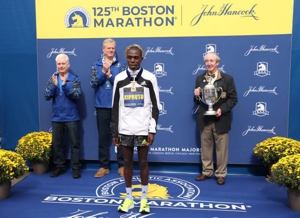 Benson Kipruto of Kenya reacts after winning the 125th Boston Marathon on October 11, 2021 in Boston, Massachusetts.