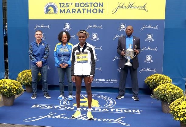 Diana Kipyogei of Kenya reacts after winning the 125th Boston Marathon on October 11, 2021 in Boston, Massachusetts.
