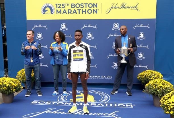 Diana Kipyogei of Kenya reacts after winning the 125th Boston Marathon on October 11, 2021 in Boston, Massachusetts.