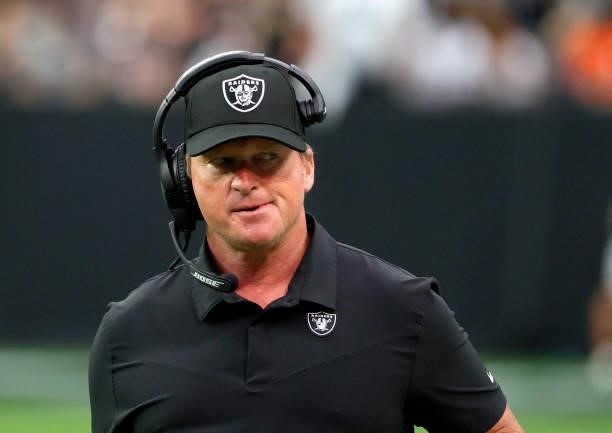 Head coach Jon Gruden of the Las Vegas Raiders reacts during a game against the Chicago Bears at Allegiant Stadium on October 10, 2021 in Las Vegas,...