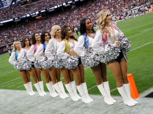 Members of the Las Vegas Raiderettes cheerleading squad line up to perform during the Raiders' game against the Chicago Bears at Allegiant Stadium on...