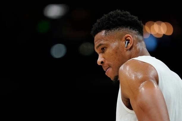 Giannis Antetokounmpo of the Milwaukee Bucks works out before a preseason game against the Oklahoma City Thunder at Fiserv Forum on October 10, 2021...