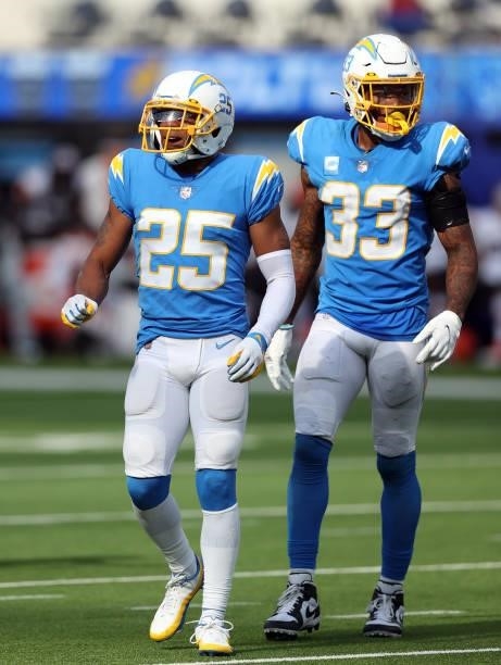 Chris Harris and Derwin James of the Los Angeles Chargers at SoFi Stadium on October 10, 2021 in Inglewood, California.