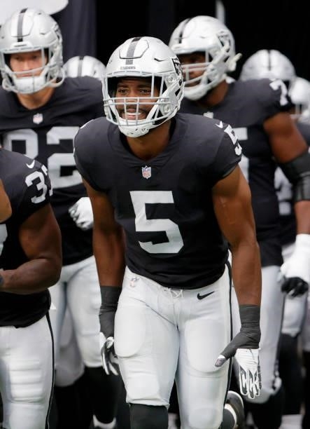 Linebacker Divine Deablo of the Las Vegas Raiders takes the field before a game against the Chicago Bears at Allegiant Stadium on October 10, 2021 in...