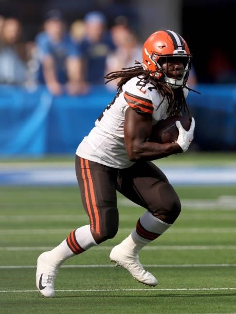 Kareem Hunt of the Cleveland Browns runs after his catch during a 49-42 loss to the Los Angeles Chargers at SoFi Stadium on October 10, 2021 in...