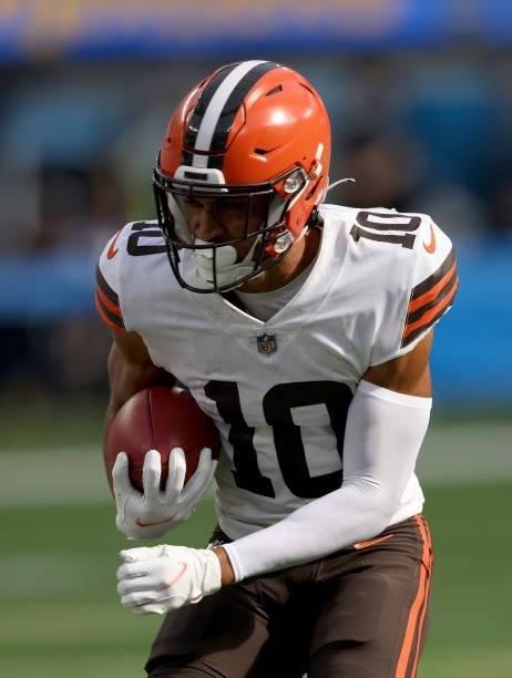 Anthony Schwartz of the Cleveland Browns returns a kickoff during a 49-42 loss to the Los Angeles Chargers at SoFi Stadium on October 10, 2021 in...