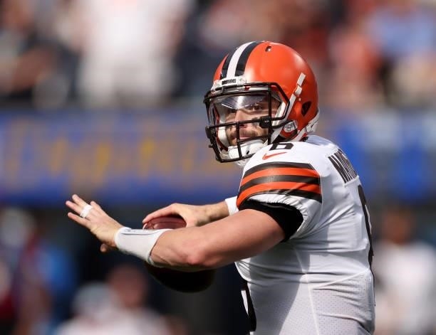 Baker Mayfield of the Cleveland Browns looks to pass during a 49-42 loss to the Los Angeles Chargers at SoFi Stadium on October 10, 2021 in...