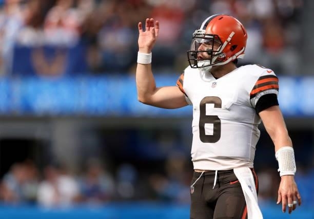 Baker Mayfield of the Cleveland Browns calls a play during a 49-42 loss to the Los Angeles Chargers at SoFi Stadium on October 10, 2021 in Inglewood,...