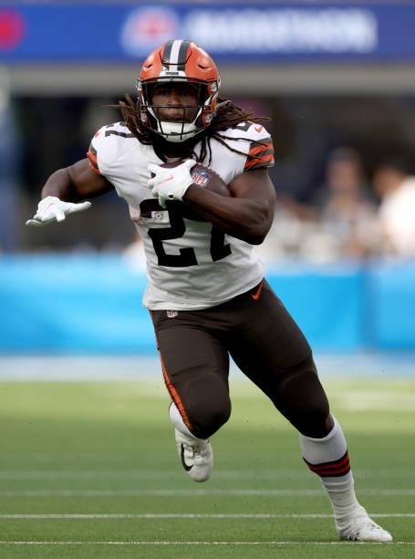 Kareem Hunt of the Cleveland Browns runs with the ball during a 49-42 loss to the Los Angeles Chargers at SoFi Stadium on October 10, 2021 in...