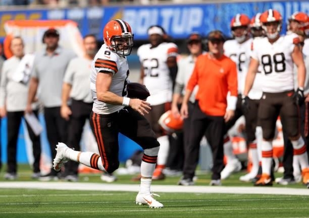 Baker Mayfield of the Cleveland Browns carries the ball during a 49-42 loss to the Los Angeles Chargers at SoFi Stadium on October 10, 2021 in...
