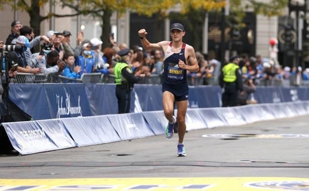 Colin Bennie of the United States nears the finish line during the 125th Boston Marathon on October 11, 2021 in Boston, Massachusetts.