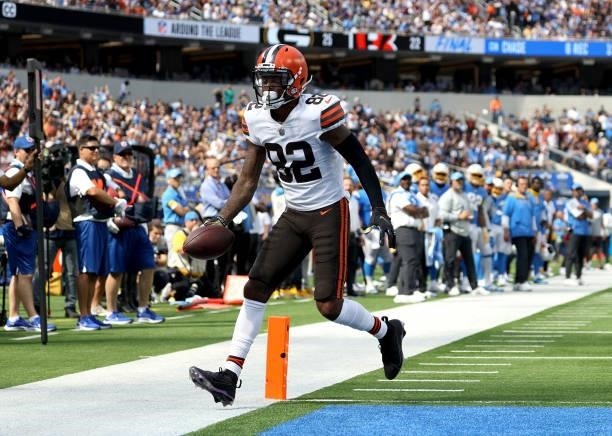 Rashard Higgins of the Cleveland Browns scores a touchdown to take a 10-7 lead over the Los Angeles Chargers during a 49-42 loss at SoFi Stadium on...