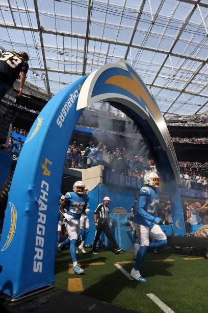 Amen Ogbongbemiga of the Los Angeles Chargers at SoFi Stadium on October 10, 2021 in Inglewood, California.