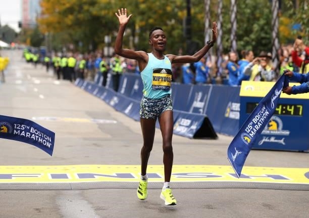 Diana Kipyogei of Kenya crosses the finish line to win the 125th Boston Marathon on October 11, 2021 in Boston, Massachusetts.
