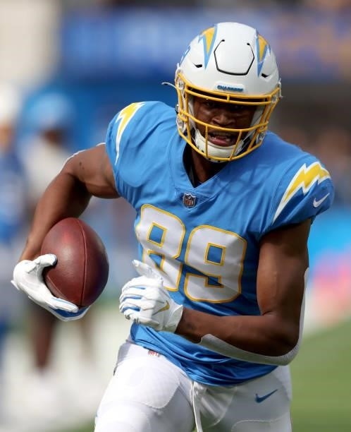 Donald Parham of the Los Angeles Chargers runs in for a touchdown after his catch during a 47-42 win over the Cleveland Browns at SoFi Stadium on...