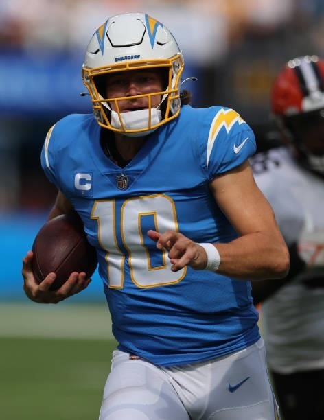 Justin Herbert of the Los Angeles Chargers at SoFi Stadium on October 10, 2021 in Inglewood, California.