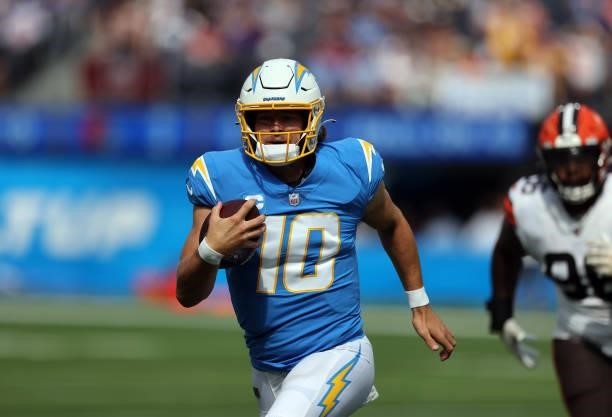 Justin Herbert of the Los Angeles Chargers at SoFi Stadium on October 10, 2021 in Inglewood, California.