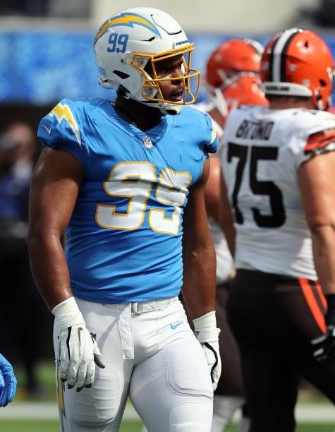 Jerry Tillery of the Los Angeles Chargers at SoFi Stadium on October 10, 2021 in Inglewood, California.