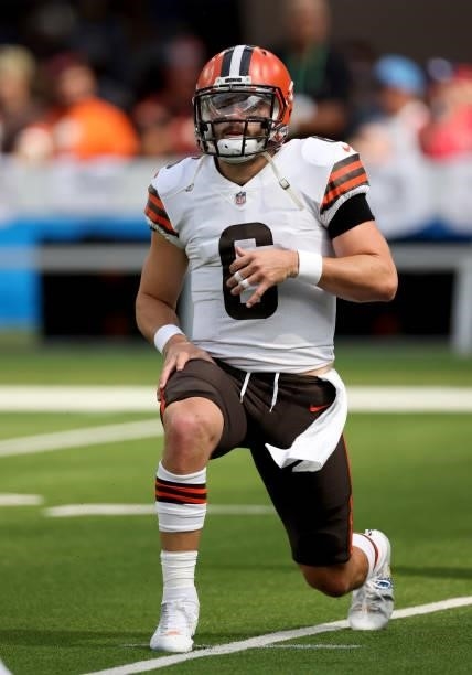 Baker Mayfield of the Cleveland Browns warms up before the game against the Los Angeles Chargers at SoFi Stadium on October 10, 2021 in Inglewood,...