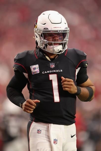 Quarterback Kyler Murray of the Arizona Cardinals during the NFL game at State Farm Stadium on October 10, 2021 in Glendale, Arizona. The Cardinals...