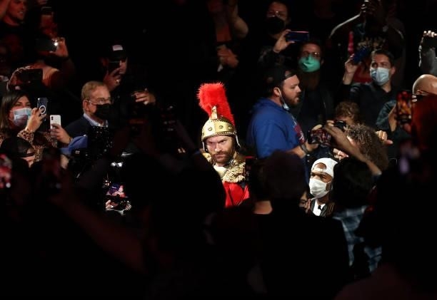 Tyson Fury makes his ring entrance before his fight against Deontay Wilder during their WBC heavyweight championship at T-Mobile Arena on October 09,...