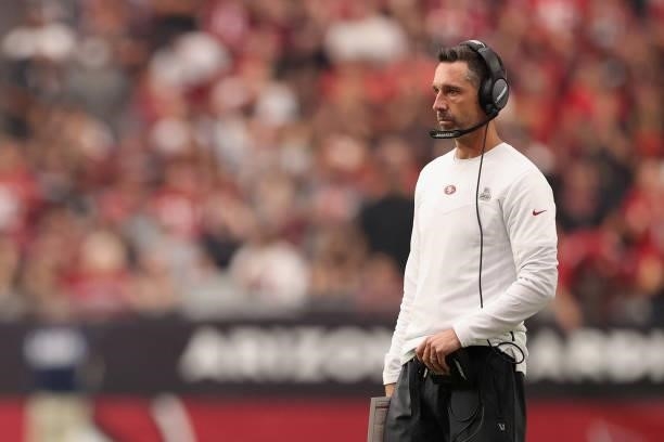 Head coach Kyle Shanahan of the San Francisco 49ers watches from the sidelines during the second half of the NFL game against the Arizona Cardinals...