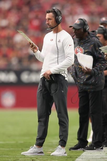 Head coach Kyle Shanahan of the San Francisco 49ers watches from the sidelines during the second half of the NFL game against the Arizona Cardinals...