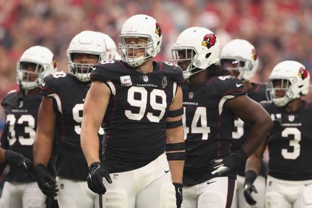 Defensive end J.J. Watt of the Arizona Cardinals during the NFL game at State Farm Stadium on October 10, 2021 in Glendale, Arizona. The Cardinals...